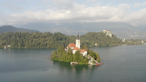 Aerial panoramic view of Lake Bled with Bled Island