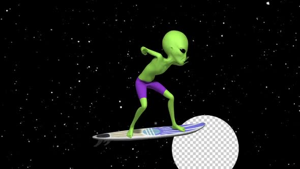 Happy Alien Rides On Surfboard In Space