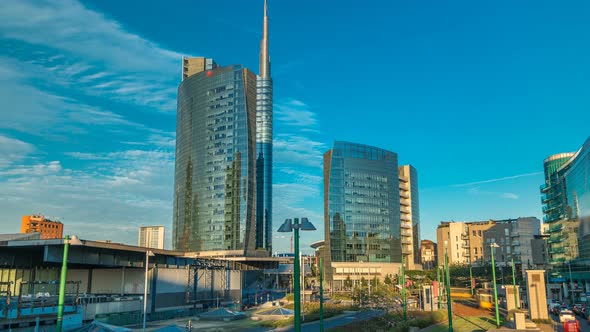 Milan Skyline with Modern Skyscrapers in Porta Nuova Business District Timelapse in Milan Italy at alt