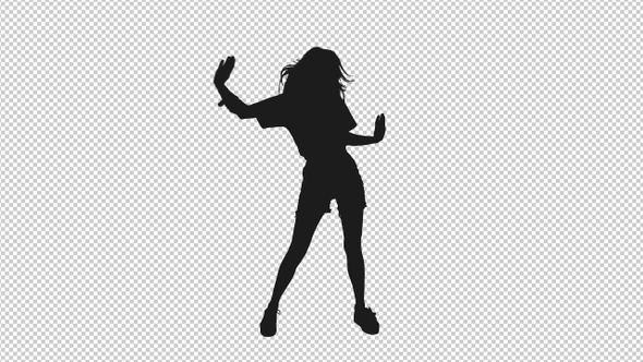 Silhouette of Cheerful Girl with Long Hair Dancing and Jumping