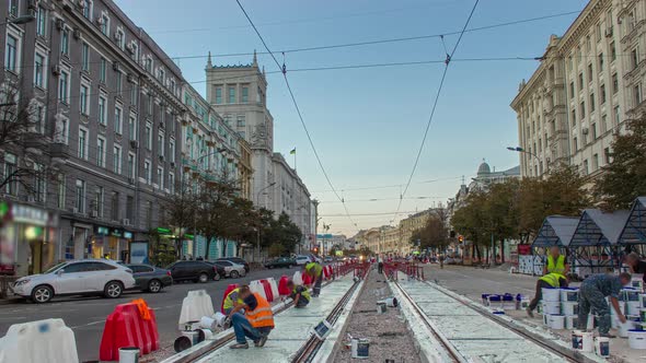Tram Rails at the Stage of Their Installation and Integration Into Concrete Plates on the Road alt