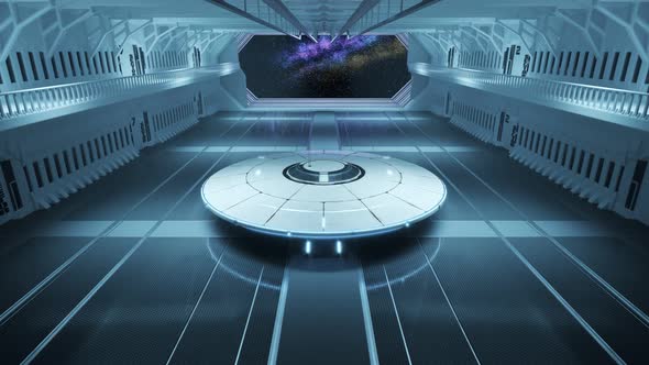 White metal flying saucer standing in a hangar. UFO ready to invade. 4KHD alt