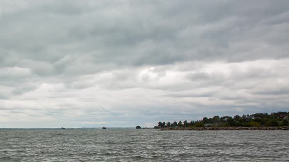 Cloudy Clouds Near The River Bank, Autumn, Ships, Time Lapse