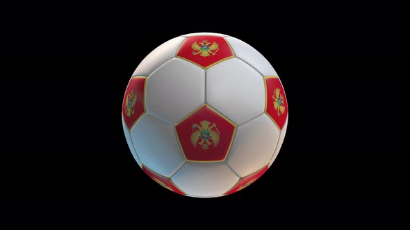 Soccer ball with flag Montenegro, on black background loop alpha