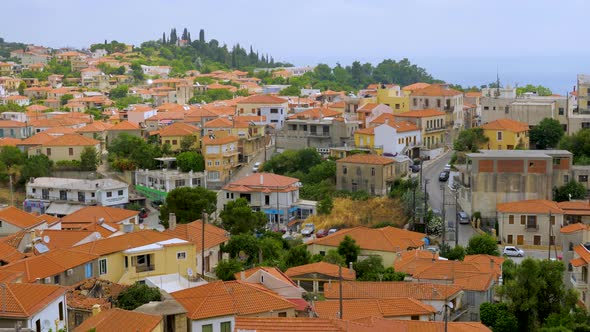 Village in the Mountains. Greek Old City, Down Town. Travelling Europe. Top View of White Houses alt