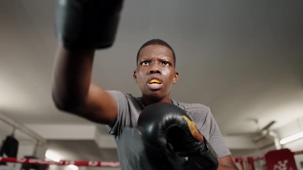 Young African Man Boxer Punching with Fists to Camera While Training on Ring at Gym alt