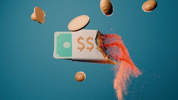 3D Bundle Of Cash Being Disintegrated And Coins Inflated As Balloons.
