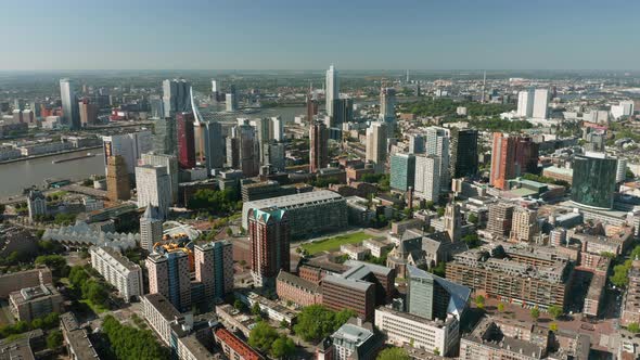 Downtown Rotterdam Skyline At Daytime In South Holland, Netherlands. - aerial alt