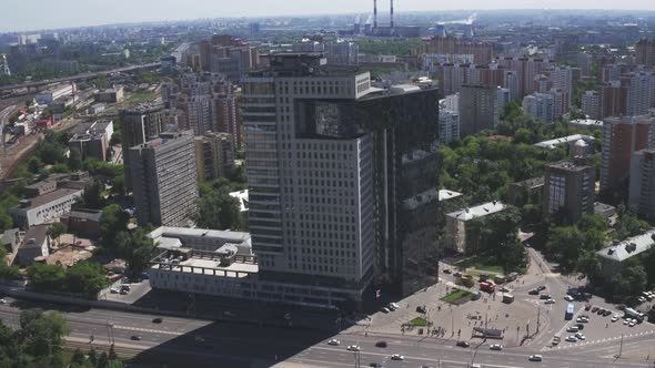 Aerial View of Financial Office Building Architecture in Moscow. Modern Building Office Steel Glass alt