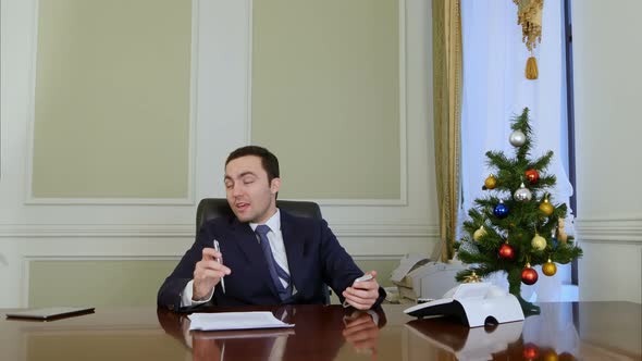 Businessman in Office Talking About Sales Contract Advantages and Issues alt