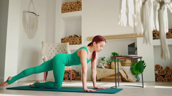 Athletic Woman Doing Fitness Exercises with Help Her Instructor Online on Laptop alt