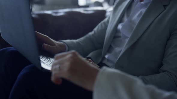 Colleagues Hands Work Laptop at Dark Office Closeup alt