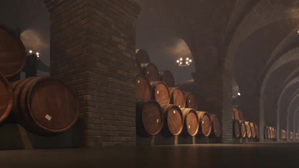 Oak Barrels stacked In a dark Wine Cellar or basement. Traditional winery. alt