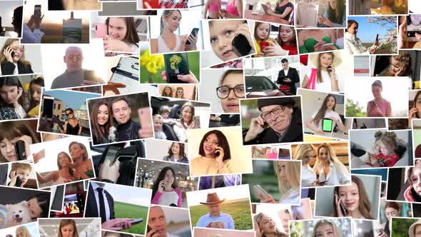 Video collage of 116 people, collage of different multiethnic people looking at camera. alt