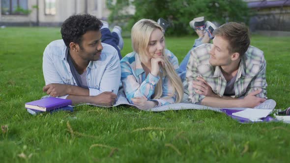 Charming Blonde Girl Flirting with Two Guys Choosing Best One, Relationship alt