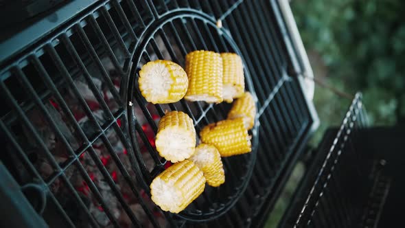 Corn Cobs are Roasted on the Grill Grate of an Outdoor Grill