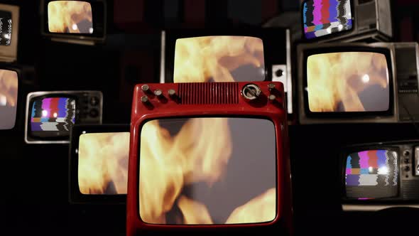 Fire Flames Background on Retro TVs. 4K.
