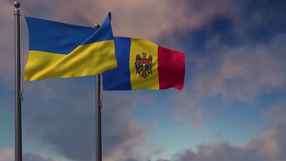 Moldova Flag Waving Along With The National Flag Of The Ukraine - 4K alt