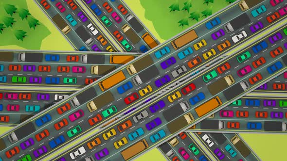 Aerial view of the highway with the slow moving bumper to a bumper traffic jam. alt