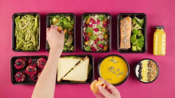 Food Delivery Top View Take Away Meals in Disposable Containers on Pink Background alt