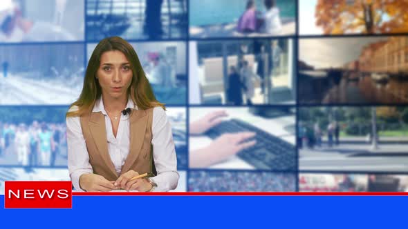 Female Anchorwoman, News Presenter Talking in Broadcasting Studio alt