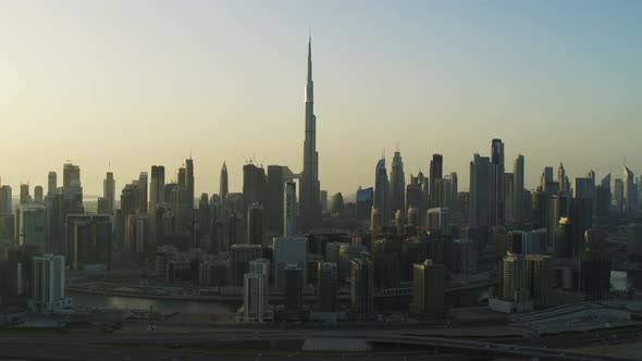 Aerial view of Dubai skyline with Burj Khalifa skyscraper, UAE. alt