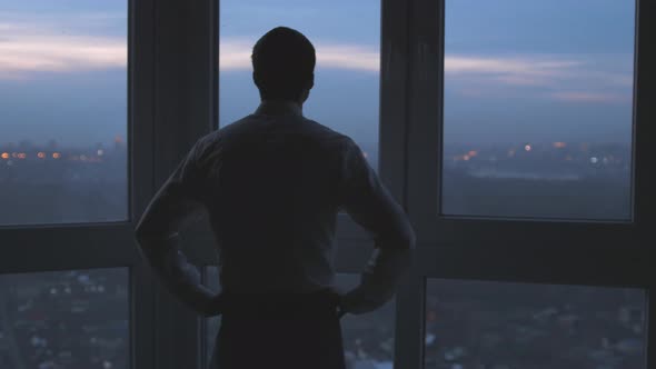 Back View of the Thoughtful Businessman Wearing a Suit Looking Out of the Panoramic Window