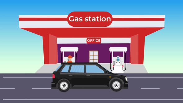 A black car getting fuel from a gas station 4K animation