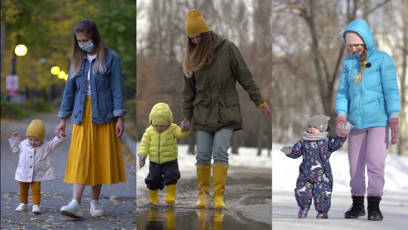 Collage Mom and Daughter Walking in a Summer Spring Winter