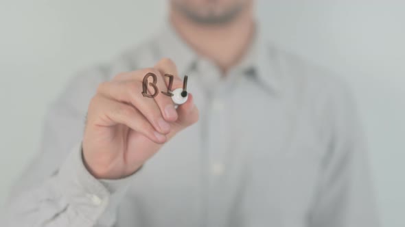 Bitcoin Vs Dollar Writing on Screen with Hand alt