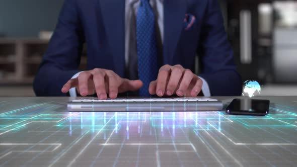 Businessman Writing On Hologram Desk Tech Word  Social Skills alt