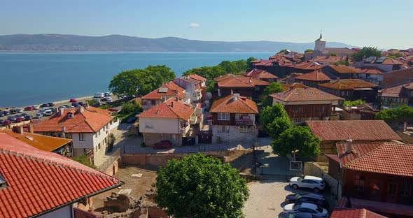 Aerial Drone View of Nesebar Old Town with Lot of Seagulls Bulgaria