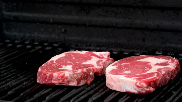 Two raw rib-eye steaks getting ready to cook on a grill. alt