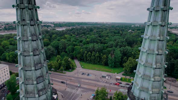 Drone Warsaw City View Through the Towers of the Church