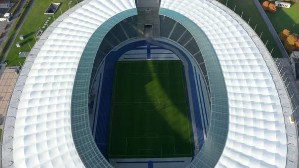 Empty Soccer Field Football Stadium Green Grass, Aerial Birds Eye Overhead Top Down Wide Shot alt