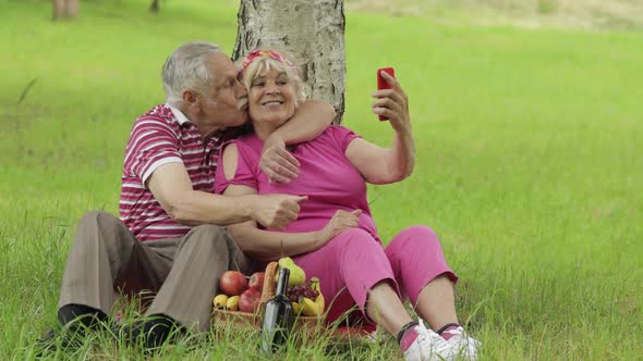 Family Weekend Picnic. Senior Old Grandparents Couple in Park Using Smartphone Online Video Call alt