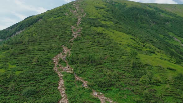Aerial View of Young People Walking Along a Mountain Trail to the Top of the Mountain alt