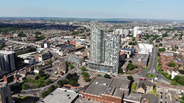 Panoramic aerial view of two tall buildings in Ilford, London on a sunny day alt