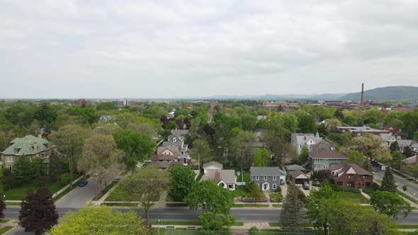 Aerial view of well established residential neighborhood of historic homes in Wisconsin.