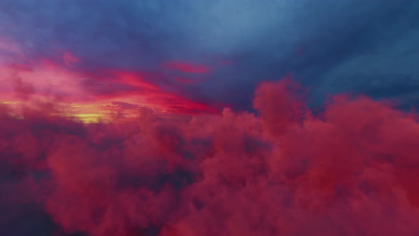 Flying Above The Cinematic Sunset Red Clouds