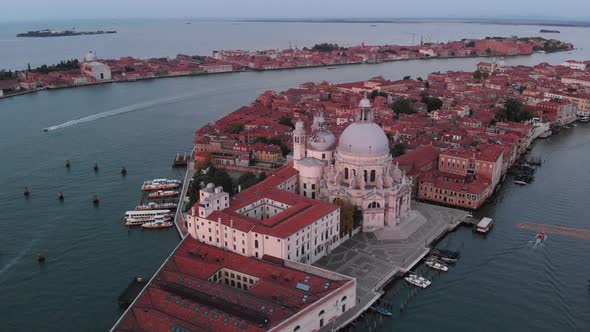 Aerial view of Santa Maria della Salute at sunrise in Venice, Italy alt