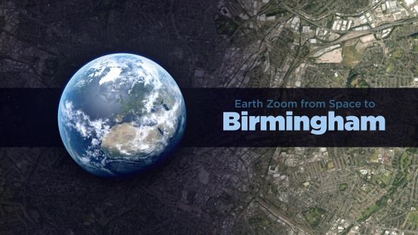 Birmingham (England, UK) Earth Zoom to the City from Space