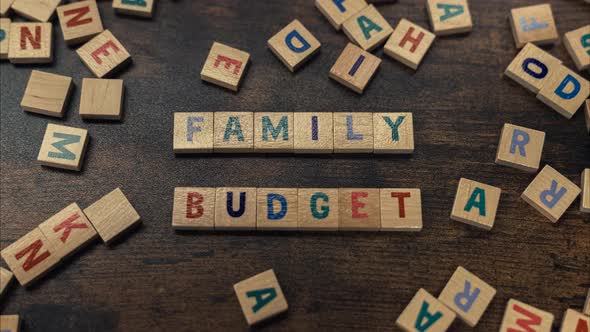 Scattered Wooden Colourful Letters From a Word Game Creating a Slogan FAMILY BUDGET alt