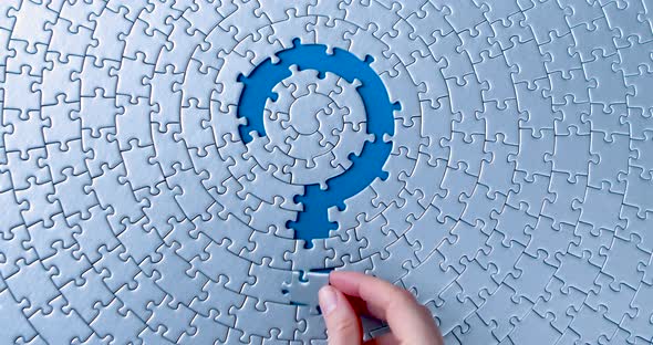 Grey Puzzles Isolated On Blue Background. Social Issue Concept alt