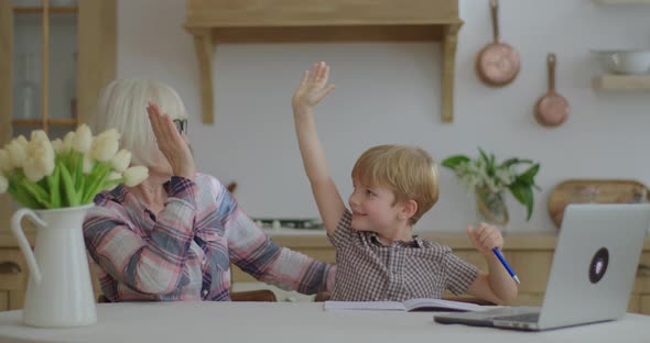 60s Grandmother Making Online Homework with Preschool Grandson at Home. Senior Woman in Glasses and alt