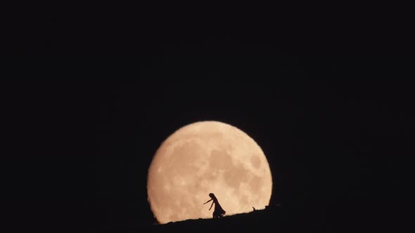 Silhouette of Dancing Woman Against Huge Moon Background at Night