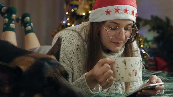 A Woman Lies on the Couch Near the New Year Tree and Looks at the Phone Screen Drinks Coffee