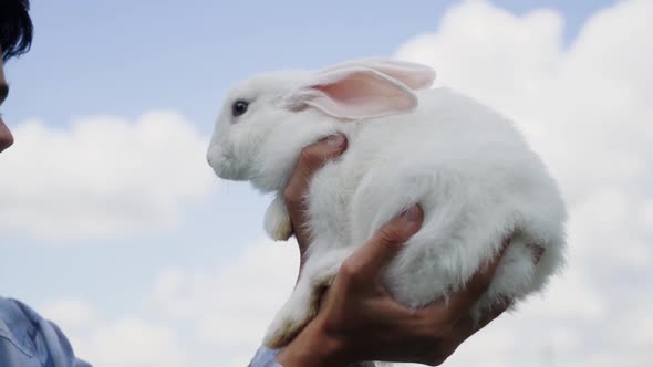 Young Boy of Caucasian Ethnicity Blue Checkered Shirt Holds a Cute Fluffy Domestic White Rabbit in alt