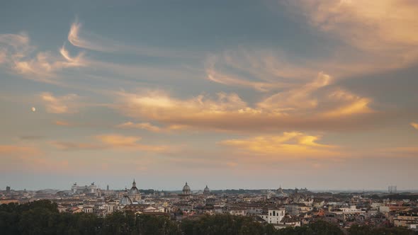 4K Rome, Italy Transition Day Evening To Night Timelapse Moonrise Above Rome Skyline