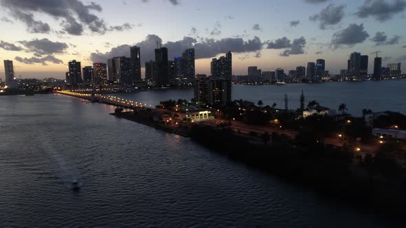 Venetian Causeway And Miami Downtown Skyline At Sunset Lights On Aerial alt